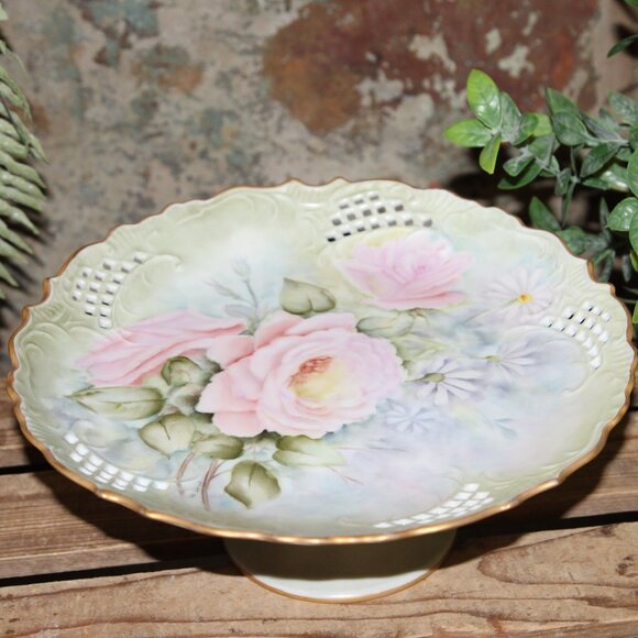 VTG Shabby Chic French Gold Trimmed Pink Floral Cake Plate Pastry Stand Riser - Picture 3 of 8